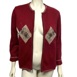 Croft & Borrow Silk Blend Knit Red Zip Up Sweater Cardinals Pinecones Vintage